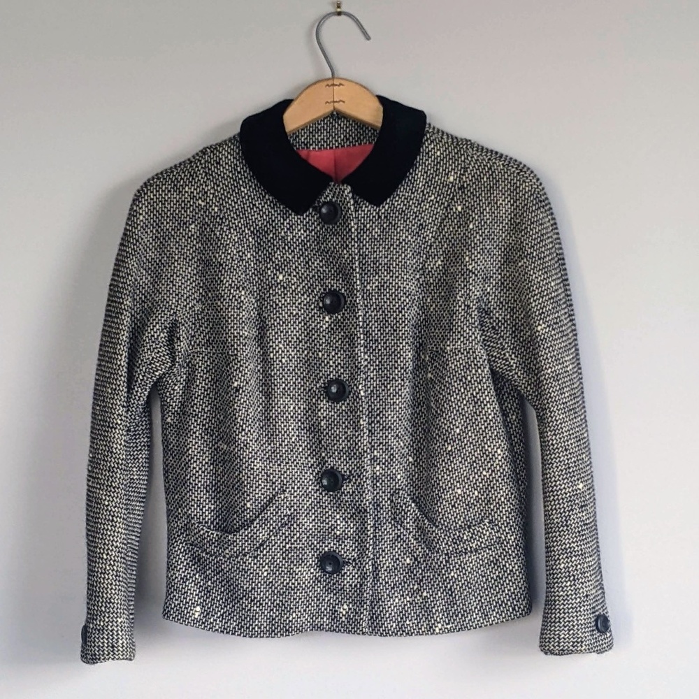 Vintage | Boucle Tweed Jacket with Velvet Collar, black and cream, size S/M